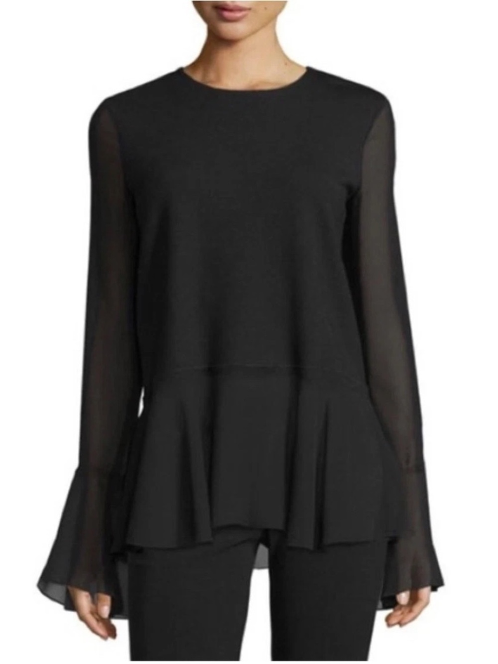 Theory Lexanda C Idol Bell-Sleeve Peplum Blouse Top Black Sz L